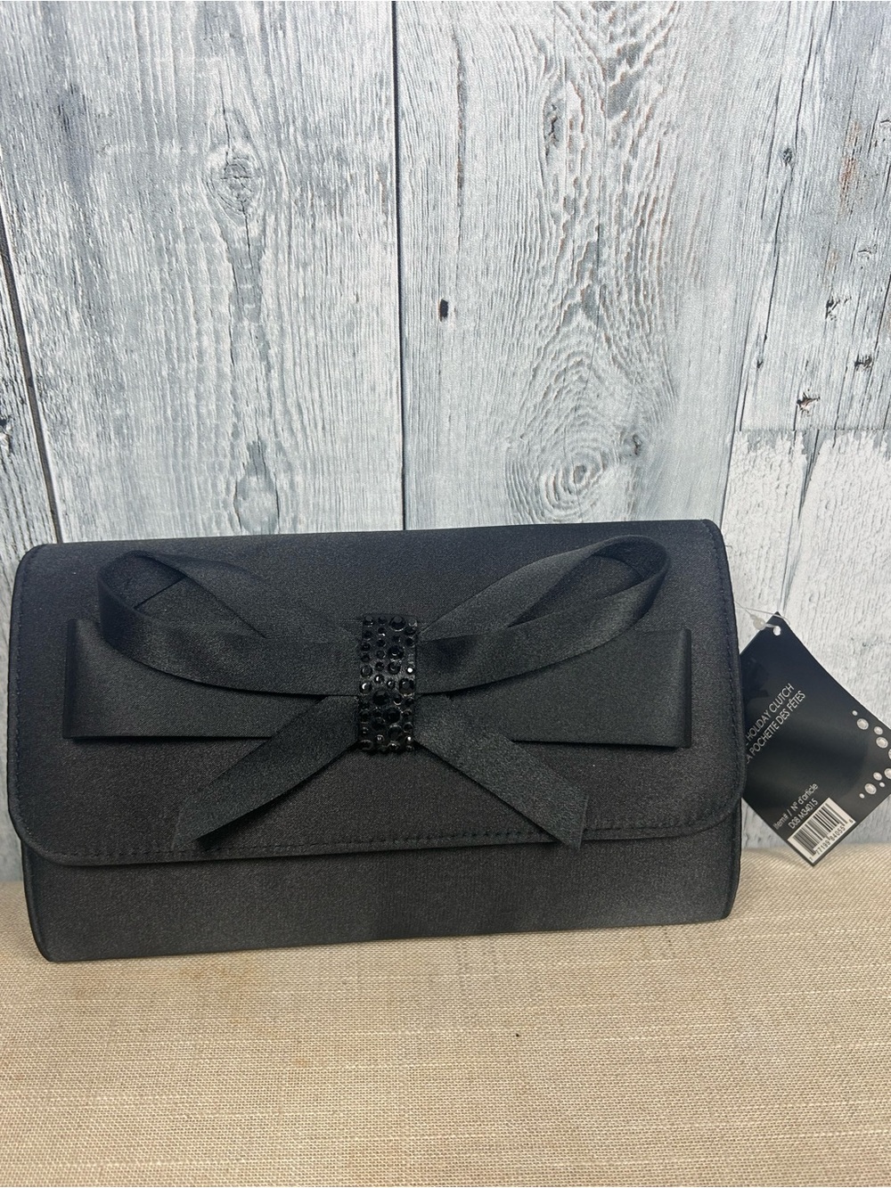 Sears Y2K NWT Black Satin Rhinestone Bow Evening Clutch Convertible Chain Strap